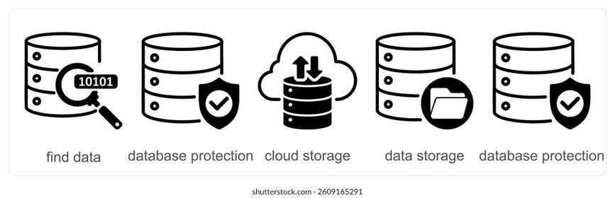 A set of 5 business icons as find data, database protection, cloud storage