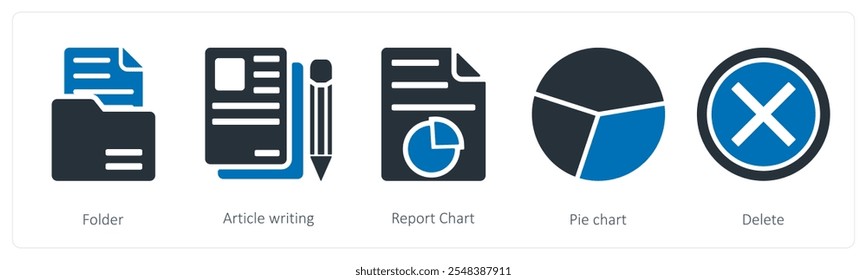 Um conjunto de 5 ícones de negócios como pasta, redação de artigo, gráfico de relatório