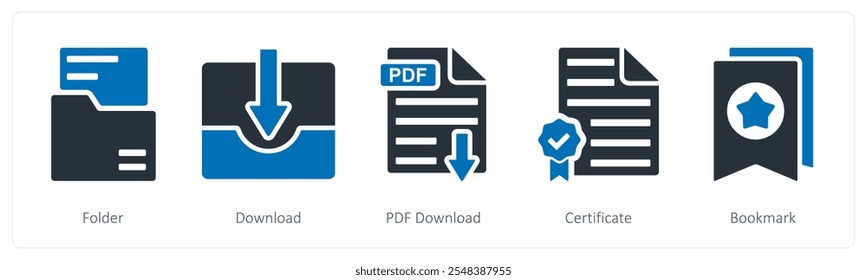 Um conjunto de 5 ícones de negócios como pasta, download, pdf download