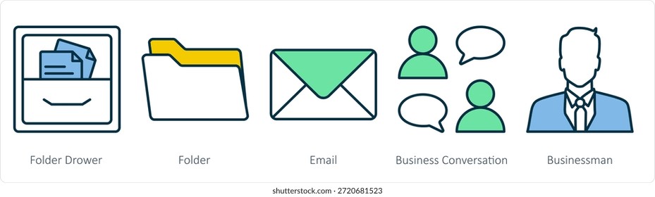 Un conjunto de 5 iconos de negocios como carpeta drower, carpeta, correo electrónico