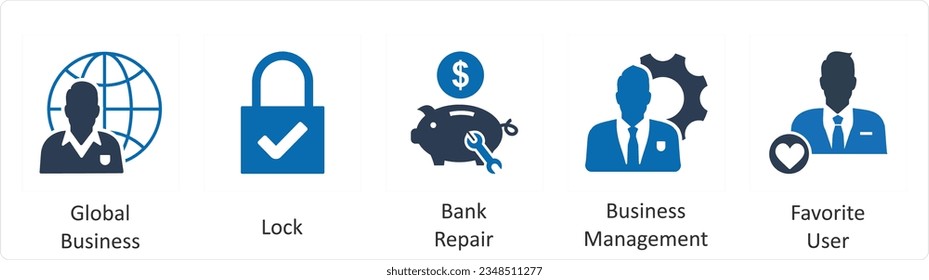 A set of 5 business icons as global business, lock, bank repair