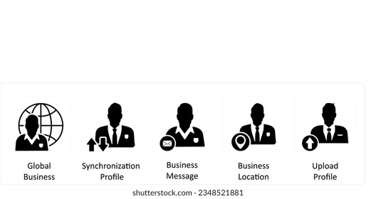 A set of 5 business icons as global business, synchronization profile, business message