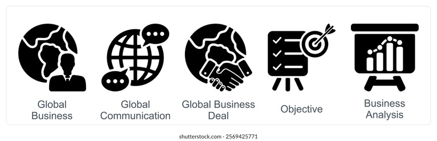 A set of 5 business icons as global business, global communication, business deal