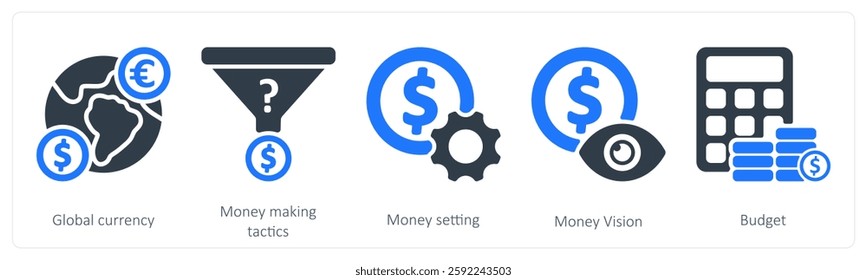 A set of 5 business icons as global currency, money making tactics, money setting