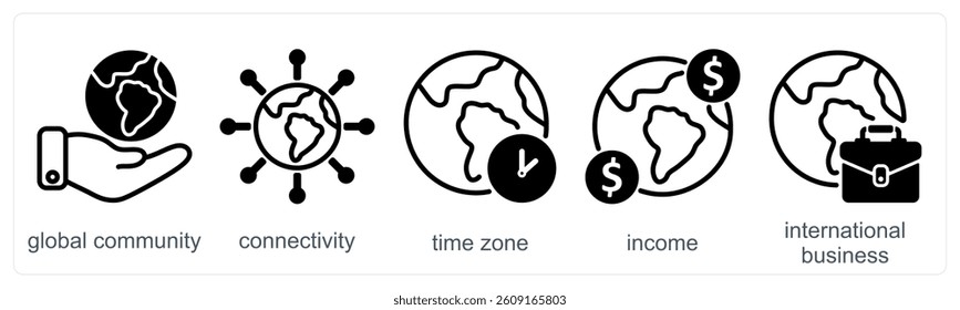 A set of 5 business icons as global community, connectivity, time zone