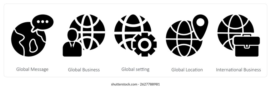 A set of 5 business icons as global message, global business, global setting