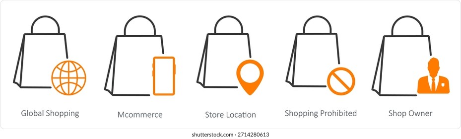 A set of 5 business icons as global shopping, mcommerce, store location