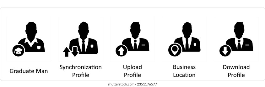 A set of 5 business icons as graduate man, synchronization profile, upload profile
