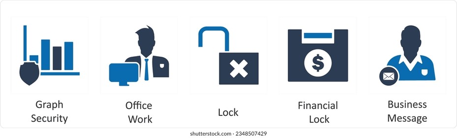 Un conjunto de 5 iconos de negocio como seguridad de gráficos, trabajo de oficina, bloqueo