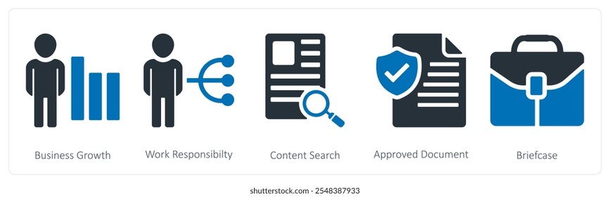 A set of 5 business icons as business growth, work responsibility, content search