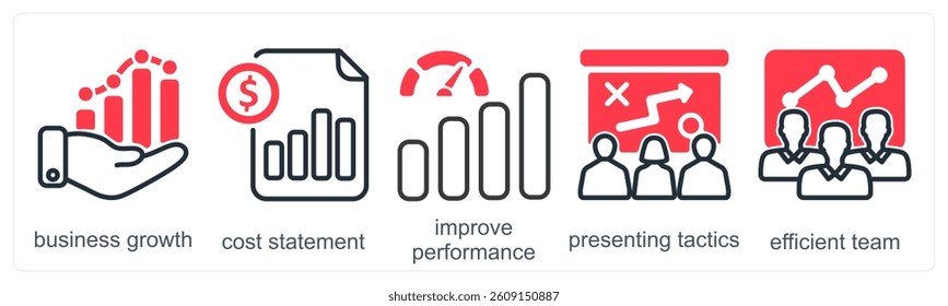 A set of 5 business icons as business growth, cost statement, improve performance
