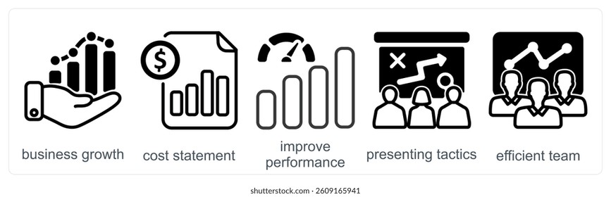 A set of 5 business icons as business growth, cost statement, improve performance