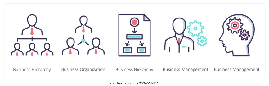 A set of 5 Business icons as business hierarchy, business organization, business hierarchy