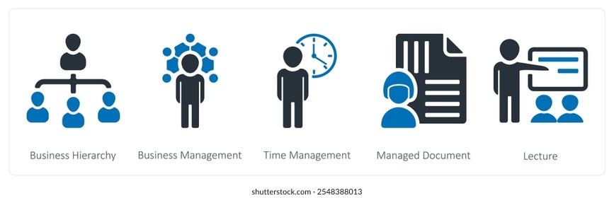 A set of 5 business icons as business hierarchy, business management, time management