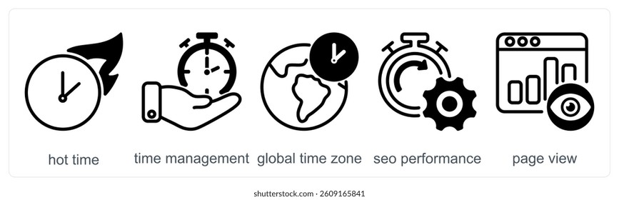 A set of 5 business icons as hot time, time management, global time zone