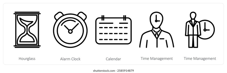 A set of 5 business icons as hourglass, alarm clock, calendar