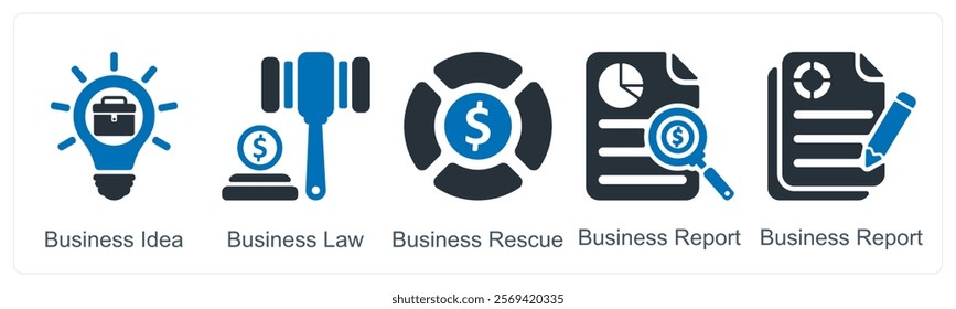 A set of 5 business icons as business idea, business law, business rescue