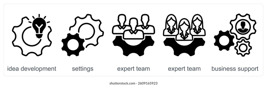 A set of 5 business icons as idea development, settings, expert team