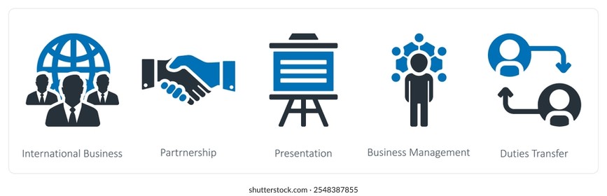 A set of 5 business icons as international business, partnership, business management