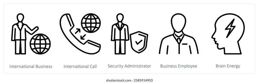 A set of 5 business icons as international business, international call, security administrator