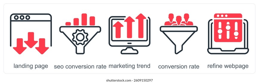 A set of 5 business icons as landing page, seo conversion rate, marketing trend
