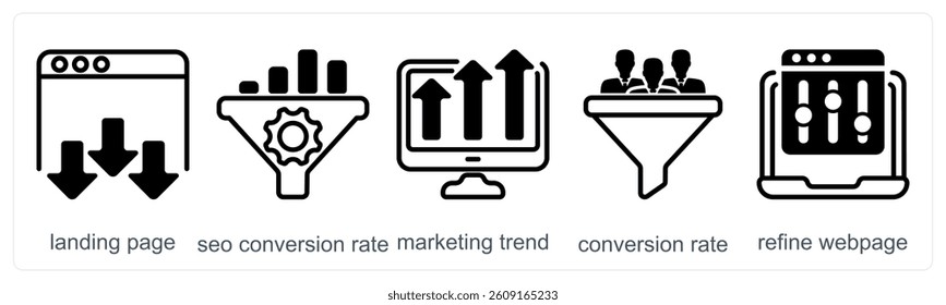 A set of 5 business icons as landing page, seo conversion rate, marketing trend