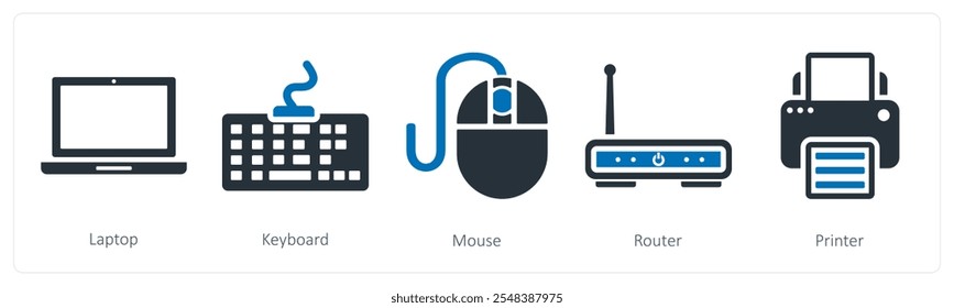 A set of 5 business icons as laptop, keyboard, mouse
