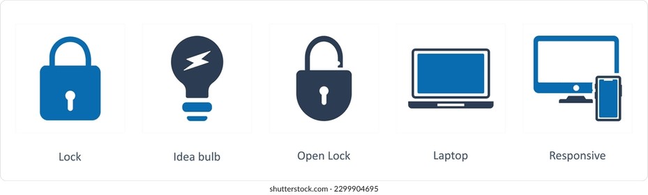 A set of 5 Business icons as lock, idea bulb, open lock