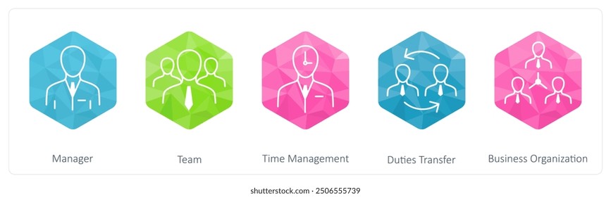 A set of 5 Business icons as manager, team, time management, duties transfer