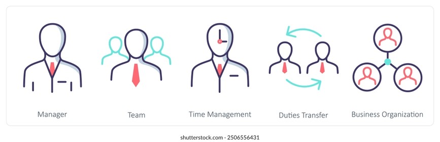 A set of 5 Business icons as manager, team, time management, duties transfer