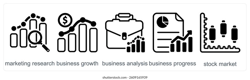 A set of 5 business icons as marketing research, business growth, business analysis