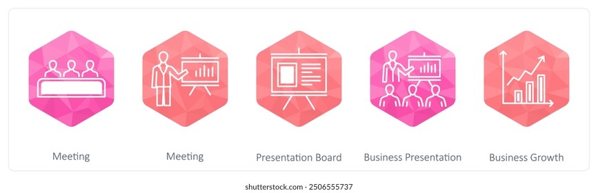 A set of 5 Business icons as meeting, presentation board, business presentation