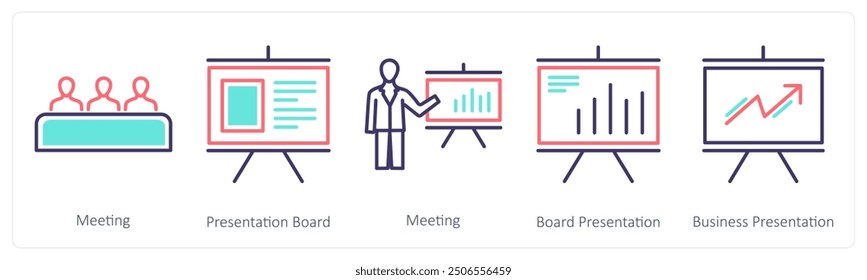 A set of 5 Business icons as meeting, presentation board, board presentation