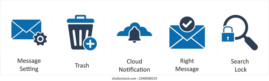 Un conjunto de 5 iconos de negocio como configuración de mensajes, basura, notificación en la nube