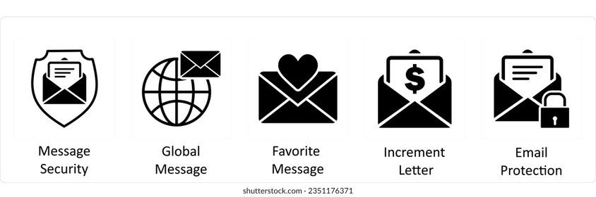 A set of 5 business icons as message security, global message, favorite message