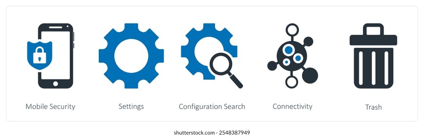 Un conjunto de 5 íconos de negocios como seguridad móvil, Configuraciones, búsqueda de configuración