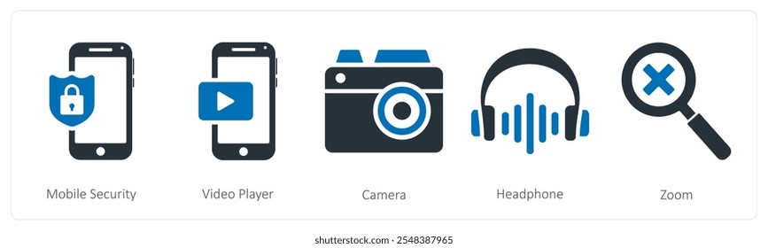 Um conjunto de 5 ícones de negócios como segurança móvel, player de vídeo, câmera
