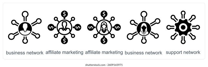A set of 5 business icons as business network, affiliate marketing, support network