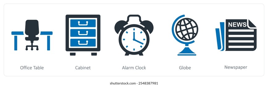 Um conjunto de 5 ícones de negócios como mesa de escritório, gabinete, despertador