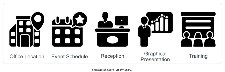 A set of 5 business icons as office location, event schedule, reception