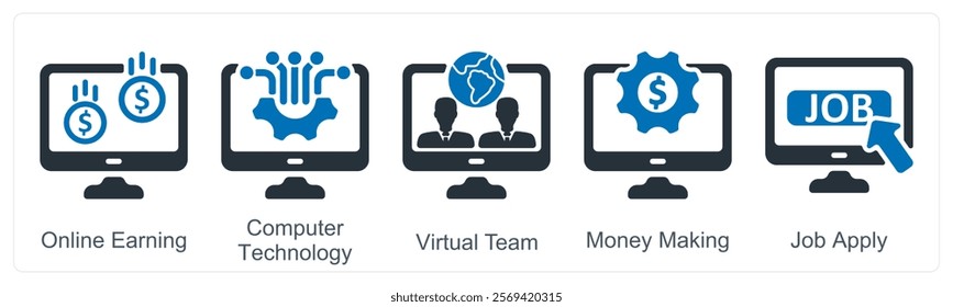 A set of 5 business icons as online earning, computer technology, virtual team