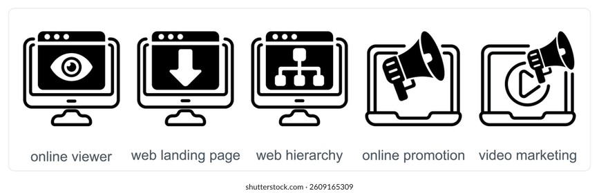 A set of 5 business icons as online viewer, web landing page, web hierarchy