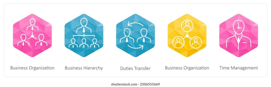 A set of 5 Business icons as business organization, business hierarchy, duties transfer