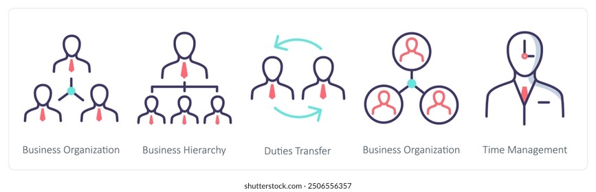 A set of 5 Business icons as business organization, business hierarchy, duties transfer