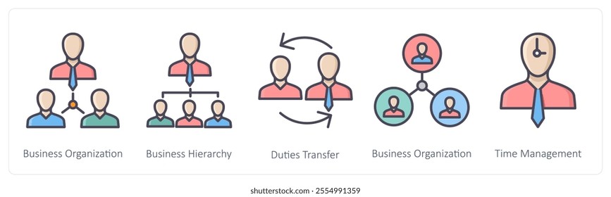 A set of 5 Business icons as business organization, business hierarchy, duties transfer