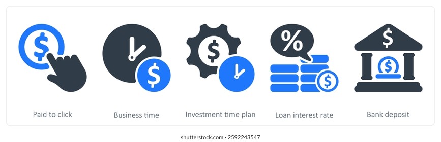 A set of 5 business icons as paid to click, business time, investment time plan