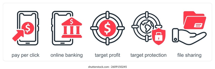 A set of 5 business icons as pay per click, online banking, target profit