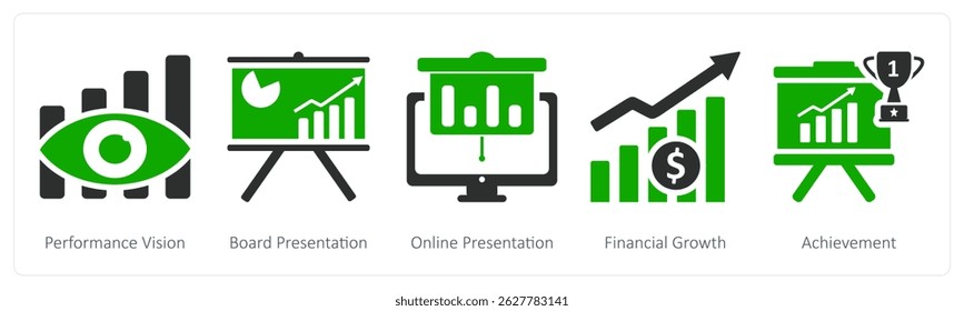 A set of 5 business icons as performance vision, board presentation, online presentation