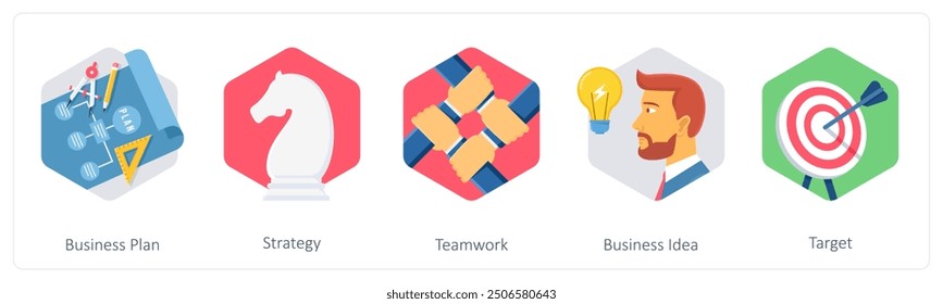 A set of 5 business icons as business plan, strategy, teamwork