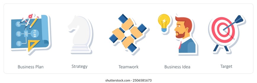 A set of 5 business icons as business plan, strategy, teamwork